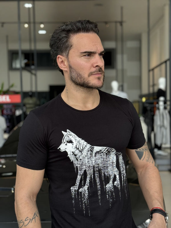 Camiseta Acostamento Casual Lobo Estampado Masculino